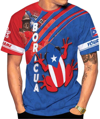 AOVL Personalized Puerto Rico Flag 3D Shirt - Unisex Adults - Red - Short Sleeve - Crew Neck - Modern - Polyester Blend - Fade Resistant - Size L