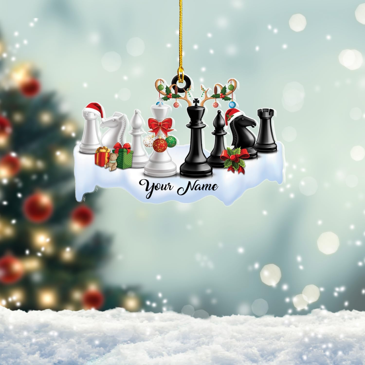 Personalized Chess Ornament - Custom Name Chess Board Ornament, King and Queen Chess Ornament, for Chess Fan, Ornament for Chess Player, Check Mate, Chess Board Ornament (Style 9)