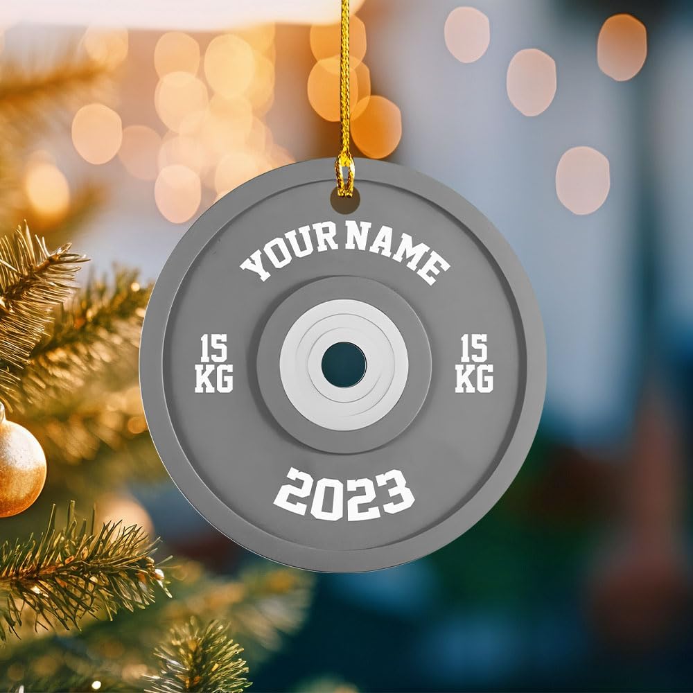 mostprints Personalized Dumbbell Ornament, Fitness Gift for Gym Workout Trainer Coach Instructor, Barbell Weight Plates Custom Ornament for Weightlifter, Weightlifting Ornament (D1)
