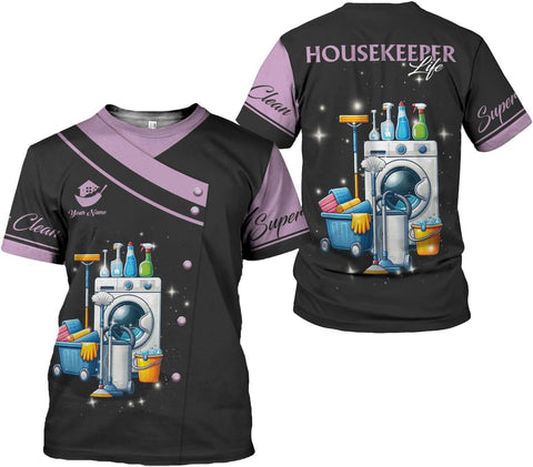 Personalized Housekeeping Shirts, Custom Cleaning Uniforms for Women 3D Cleaning Service Gifts Housekeeper Shirt Clean Lady