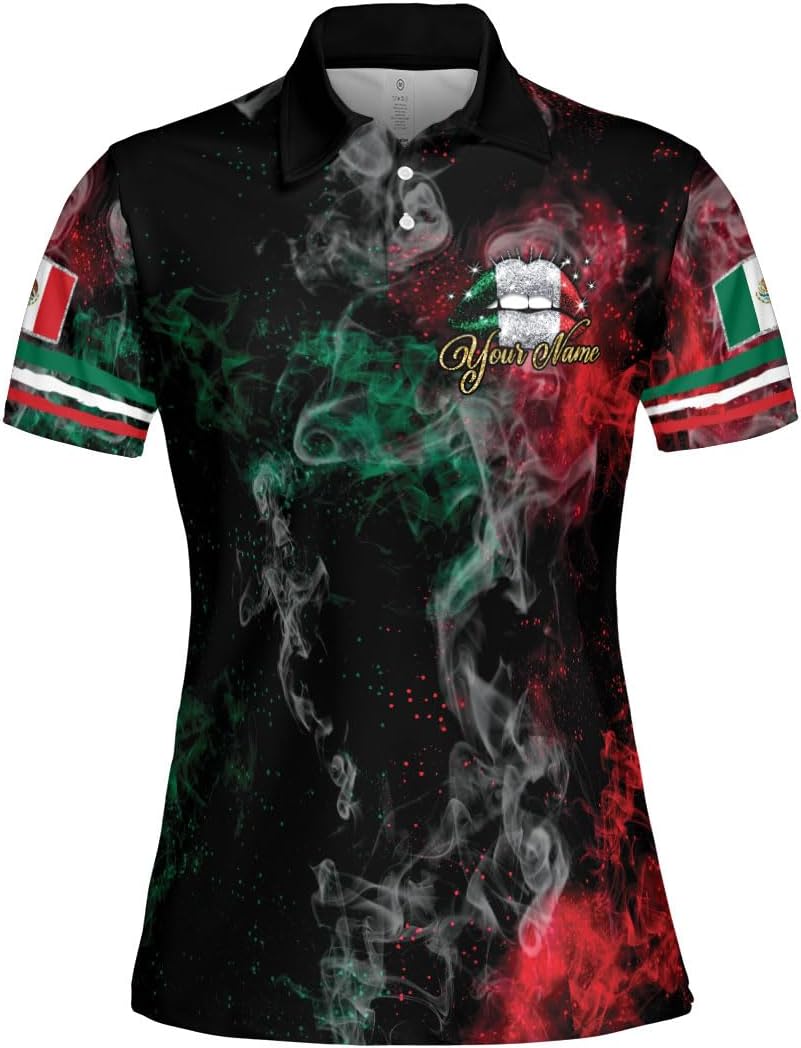Mostprints Personalized Mexico Polo Shirts for Women, Custom Name Mexican Shirts for Women, Mexico Polo Shirt Flag Women New