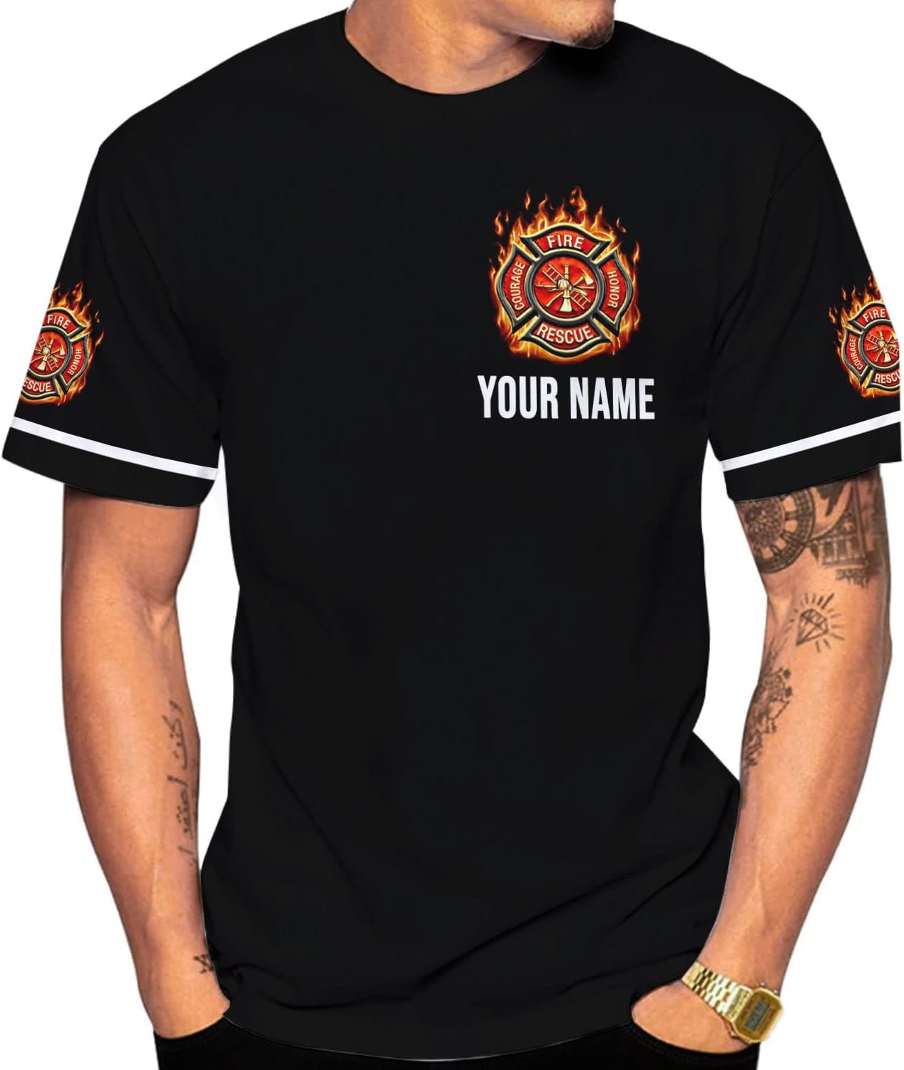 Personalized Name Firefighter Patriotic Thin Red Line Firefighter USA Flag T Shirts for Men and Women Full Size S-5XL