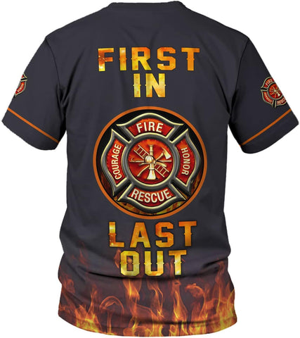 Personalized Name Firefighter Patriotic Thin Red Line Firefighter USA Flag T Shirts for Men and Women Full Size S-5XL