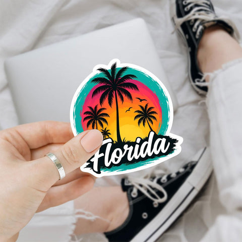 Florida Sunset Tropical Palm Tree Beach 3" sticker, Vinyl Decal Waterproof for Laptop, Water Bottle, Car, Journal, Travel Scrapbook – Retro Florida Vacation Sticker for Beach Lovers