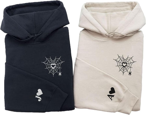Personalized Embroidered Heart Hoodies For Couples, Matching Couple Sweaters Custom Anniversary Sweatshirts Spider Heart