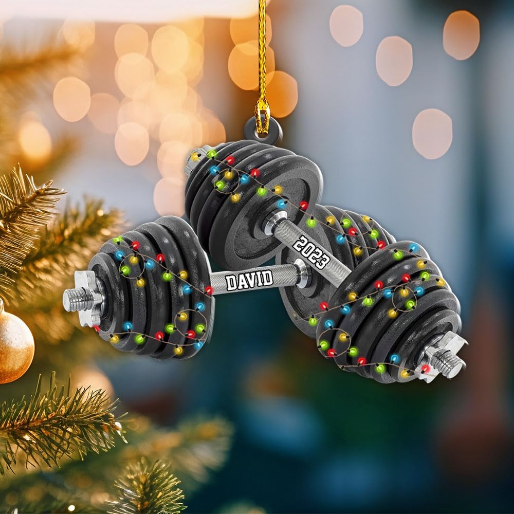 HomeDesign Personalized Dumbbell Ornament, Fitness Gift for Gym Workout Trainer Coach Instructor, Barbell Weight Plates Custom Ornament for Weightlifter, Weightlifting Ornament (D9)