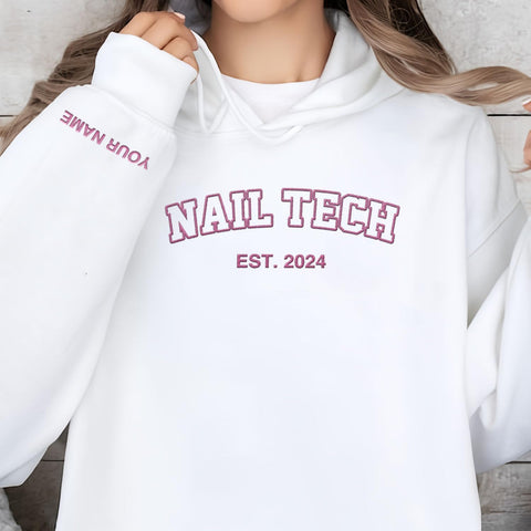 Personalized Embroidered Nail Tech Sweatshirt, Flower Nail Boss Technician Sweatshirt, Nail Stylist Nail Artist Gifts (Cotton, Nail 1)