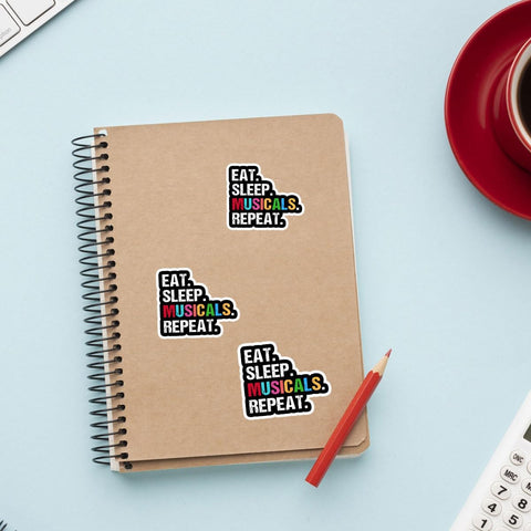 3Pcs Eat Sleep Musicals Repeat Sticker Musical Theatre Stickers for Laptop Musician Gift Drama Theater Gifts Musical Laptop Stickers Theater Musicals Decal for Laptop Phone Car Hard Hat 3"x3"