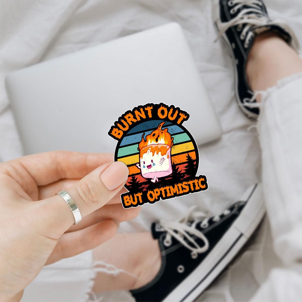 3Pcs Burnt Out but Optimistic Sticker Funny Matte Healthcare Nurse Nursing Mental Health Cute Marshmallow Humor Stickers Optimistic and Sarcastic Decal for Laptop Bottle Phone Car Hard Hat 3"x3"