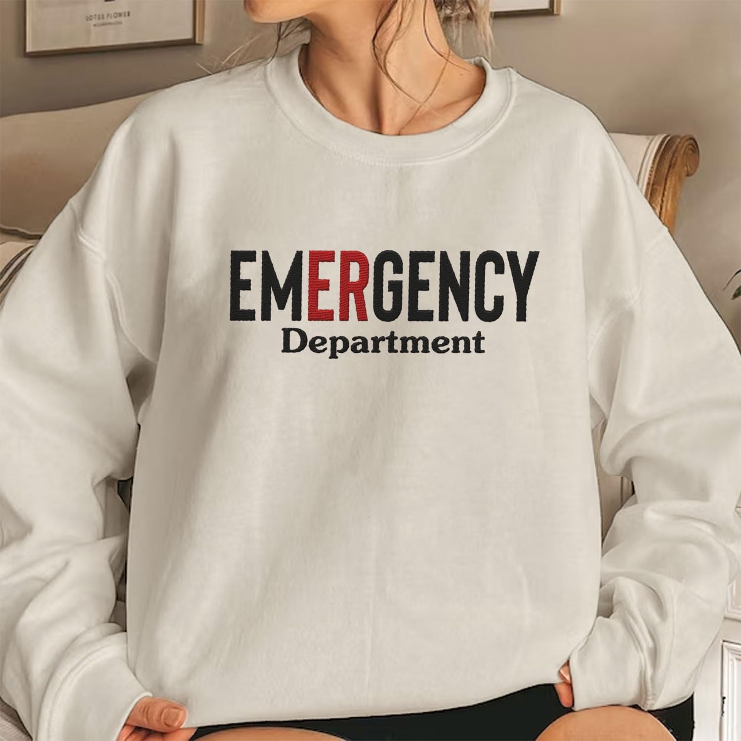 Custom Emergency Department Embroidered Crewneck Sweatshirt, Er Nurse Shirt, Emergency Nurse Hoodie, Er Nurse Gift, Rn Shirt (Cotton, SS399), Small-5X-Large