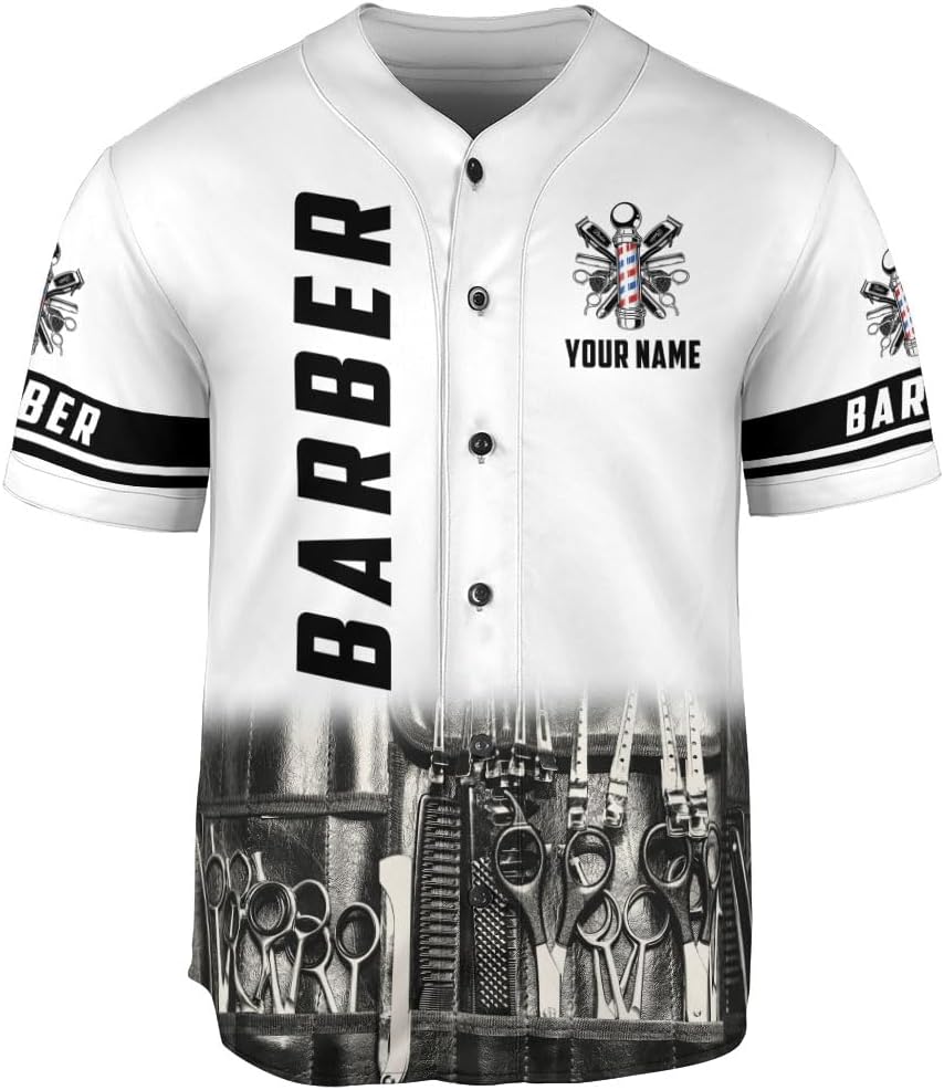 Custom Barber Shop Baseball Jersey Personalized Name Barber Shirt 3D for Men Women Hairdresser Shop Gift Scissors Pole Shirts