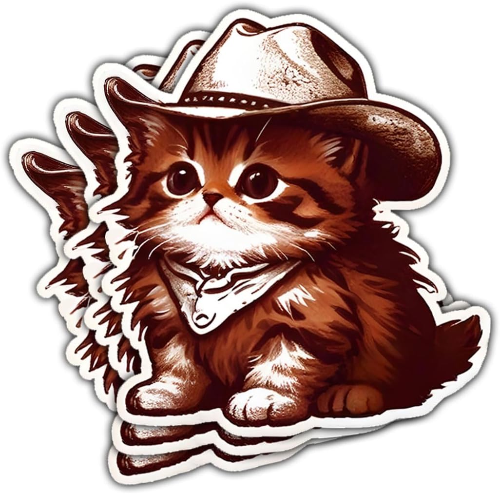 3pcs Cute Cowboy Cat Stickers, Cat Car Sticker, Western Stickers for Water Bottles, Bumper Stickers, Inappropriate Stickers Vinyl Stickers 3 Inches for Laptop Phone Car Window Helmet