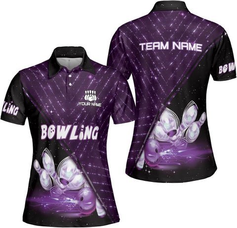 Custom 3D Bowling Polo Shirts for Women Personalized Team Name Gift Womens Customized Funny Bowling Short Sleeve Polo Shirt