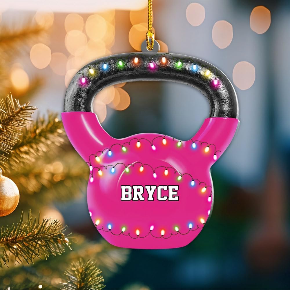 mostprints Personalized Dumbbell Ornament, Fitness Gift for Gym Workout Trainer Coach Instructor, Barbell Weight Plates Custom Ornament for Weightlifter, Weightlifting Ornament (D5)