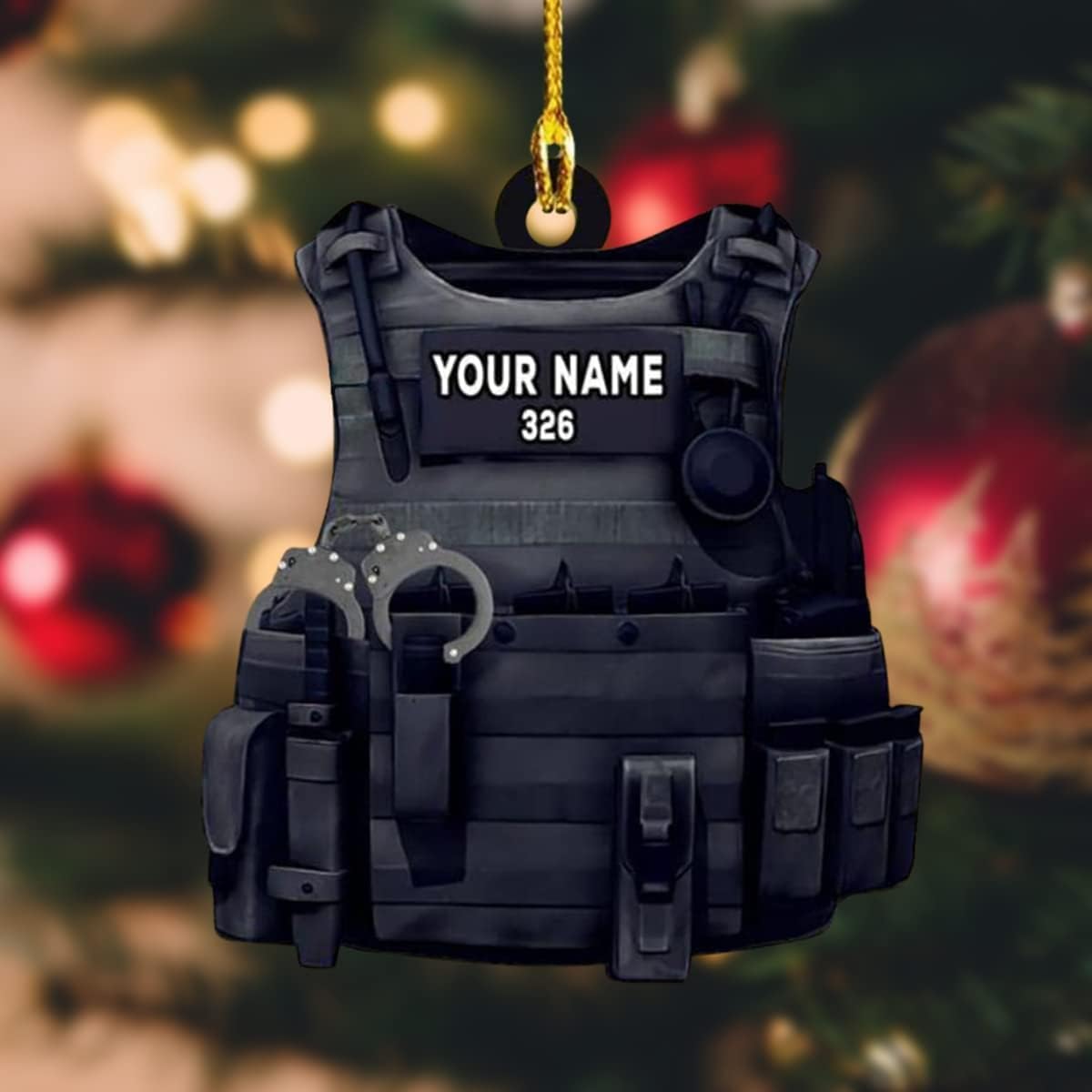 Personalized Police Uniform Ornament Custom Bullet Proof Jacket Vest Flat Two Sided Hanging Printed Plastic Ornaments Christmas Car Festival Decoration PO5, Black