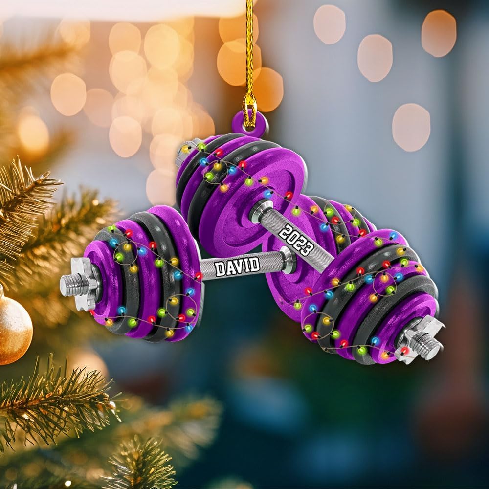 HomeDesign Personalized Dumbbell Ornament, Fitness Gift for Gym Workout Trainer Coach Instructor, Barbell Weight Plates Custom Ornament for Weightlifter, Weightlifting Ornament (D9)
