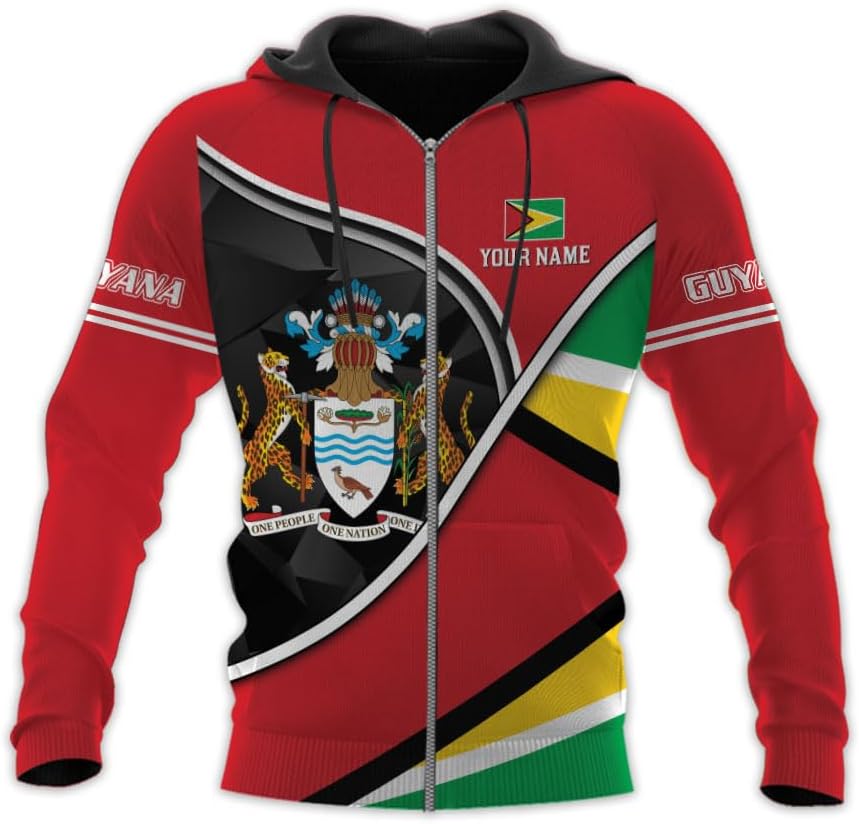 Leprints Personalized Guyana Hoodie 3D Guyanese Coat of Arms Flag Guyana 3D Sweatshirt Guyana Guyanese Pride Gift Zip Hoodie