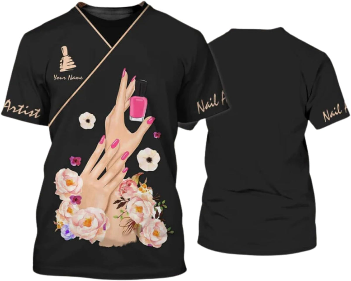 MAPrints Personalized Nails Shirts Nail Tech Uniform 3D Tshirt Nail Artist Shirt Nail Technician Shirt Gift for Manicurista