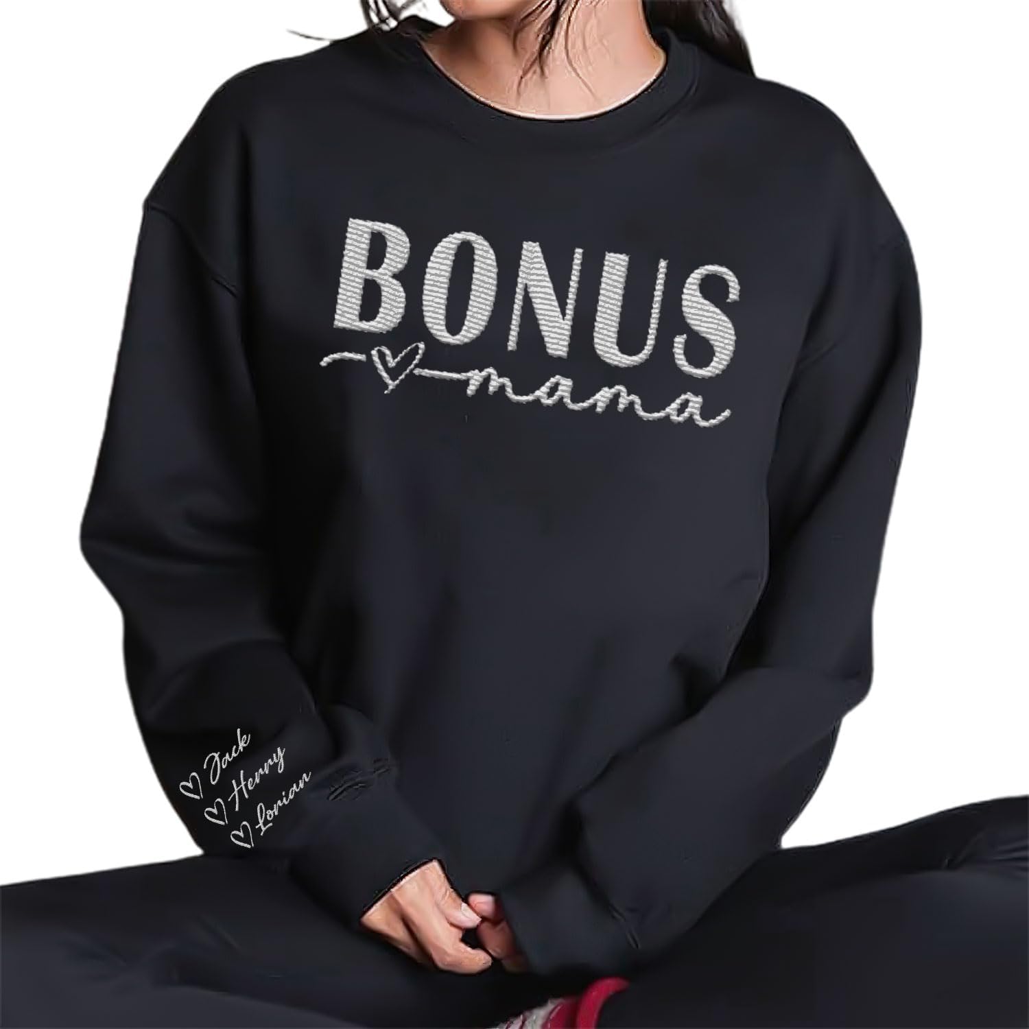 Riveprints Personalized Bonus Mama Embroidered Sweatshirt, Bonus Mom Sweatshirt for Stepmom Step Mama Gifts Mother's Day 2024
