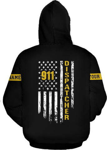 Leeprints Personalized 911 Dispatcher 3D Hoodie, Custom Sweatshirt, Thin Gold Line Flag 3D Zip Shirt