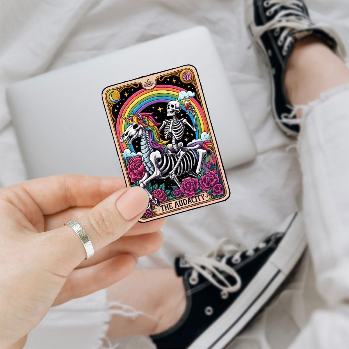 3 Pcs The Audacity Sticker, Skeleton Sticker, Tarot Sticker, Mystery Sticker Flower Sticker Floral Mysterious Bookish Tarot Card Sticker for Laptop Phone Water Bottle Cars Phone Case Laptop 3"x3"