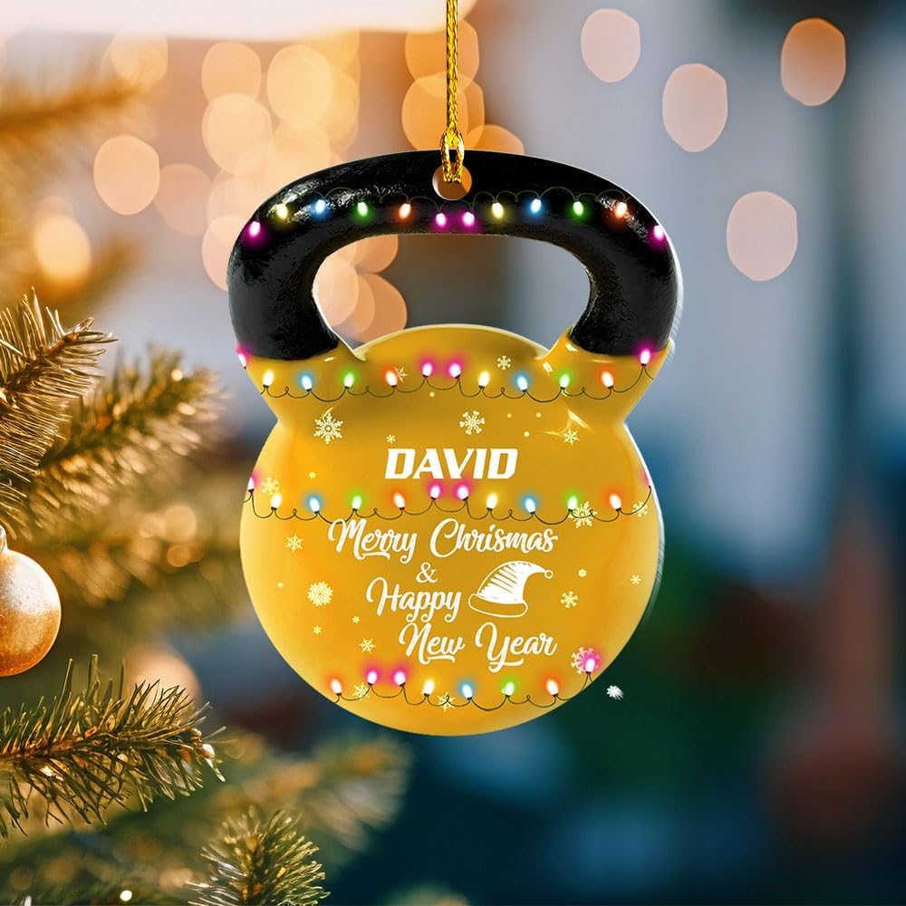 mostprints Personalized Dumbbell Ornament, Fitness Gift for Gym Workout Trainer Coach Instructor, Barbell Weight Plates Custom Ornament for Weightlifter, Weightlifting Ornament (D2)