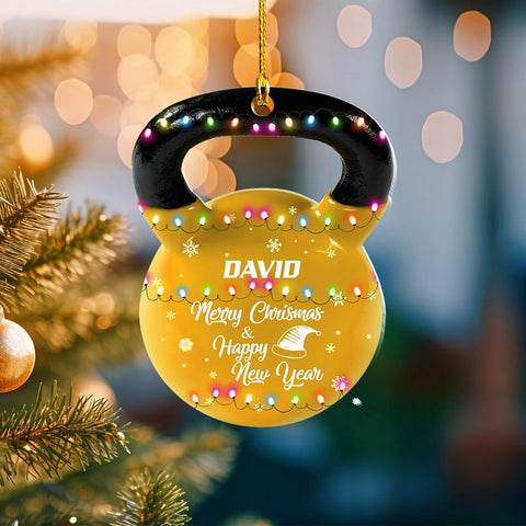 mostprints Personalized Dumbbell Ornament, Fitness Gift for Gym Workout Trainer Coach Instructor, Barbell Weight Plates Custom Ornament for Weightlifter, Weightlifting Ornament (D2)