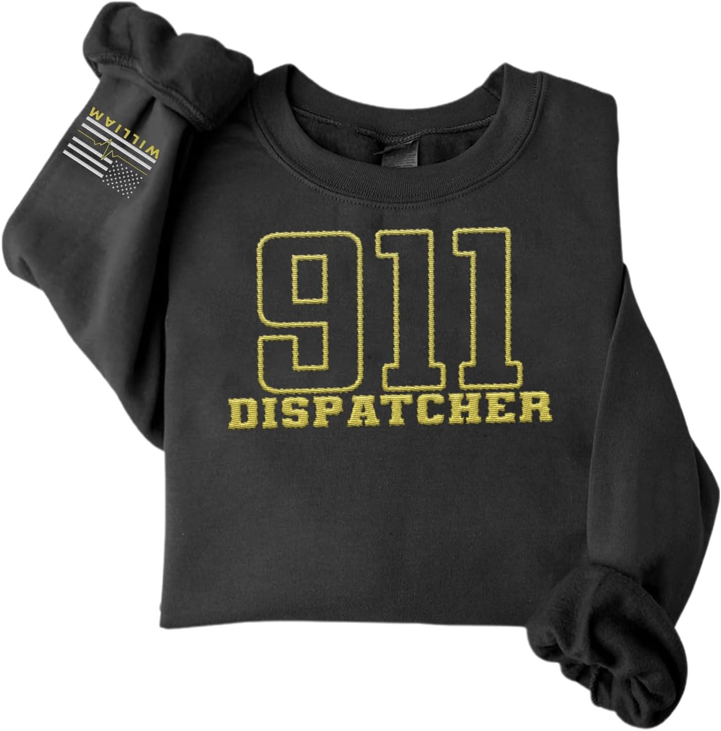 Custom Dispatcher Embroidered Sweatshirt with Thin Gold Line Flag 911 Emergency Services Personalized Shirt for Men and Women