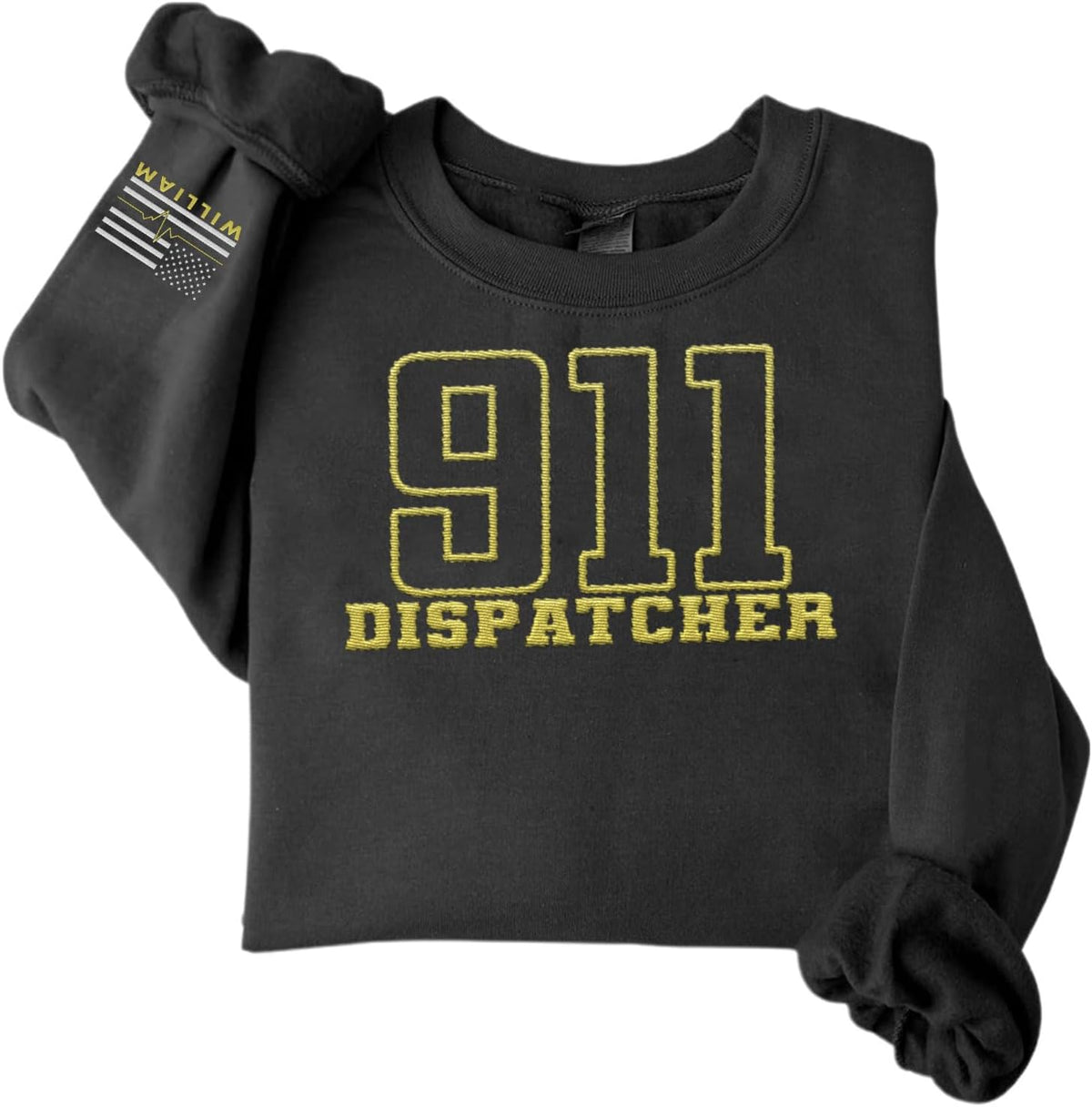 Custom Dispatcher Embroidered Sweatshirt with Thin Gold Line Flag 911 Emergency Services Personalized Shirt for Men and Women