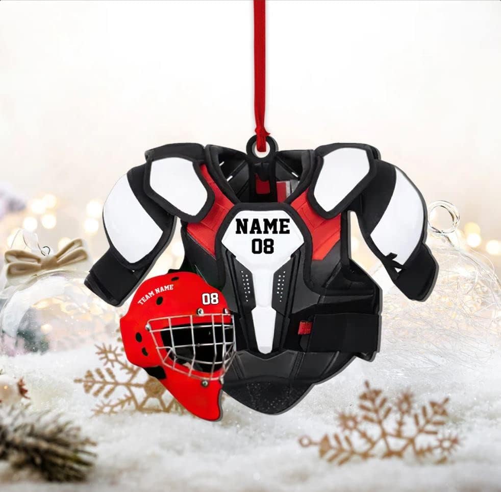 Personalized Hockey Ornaments for Xmas 2022, Ornament, Helmet & Gloves Wood Christmas Gift Lovers, Pine Tree Hanging Decor Red