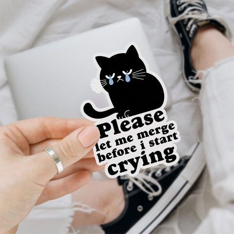 3Pcs Please Let Me Merge Before I Start Crying Sticker, Let Me Merge Bumper Sticker, Sad Black Cat Vinyl Decal, Cute Crying Stickers - Sticker for Laptop Water Bottle Car Phone Hard Hat 3"