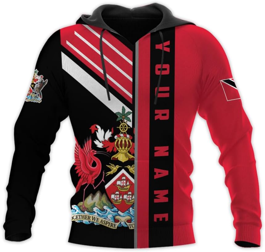 Vybonz Personalized Trinidad & Tobago Hoodie 3D Trinidad and Tobago Coat of Arms Flag Sweatshirt Trinidad Pride Zip Hoodie