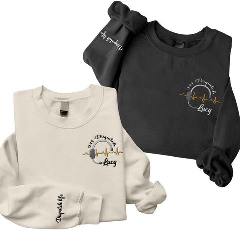Leeprints Personalized Embroidered Dispatcher 911 Sweatshirt, Pulse Dispatch Embroider Hoodie, Thin Gold Line 911