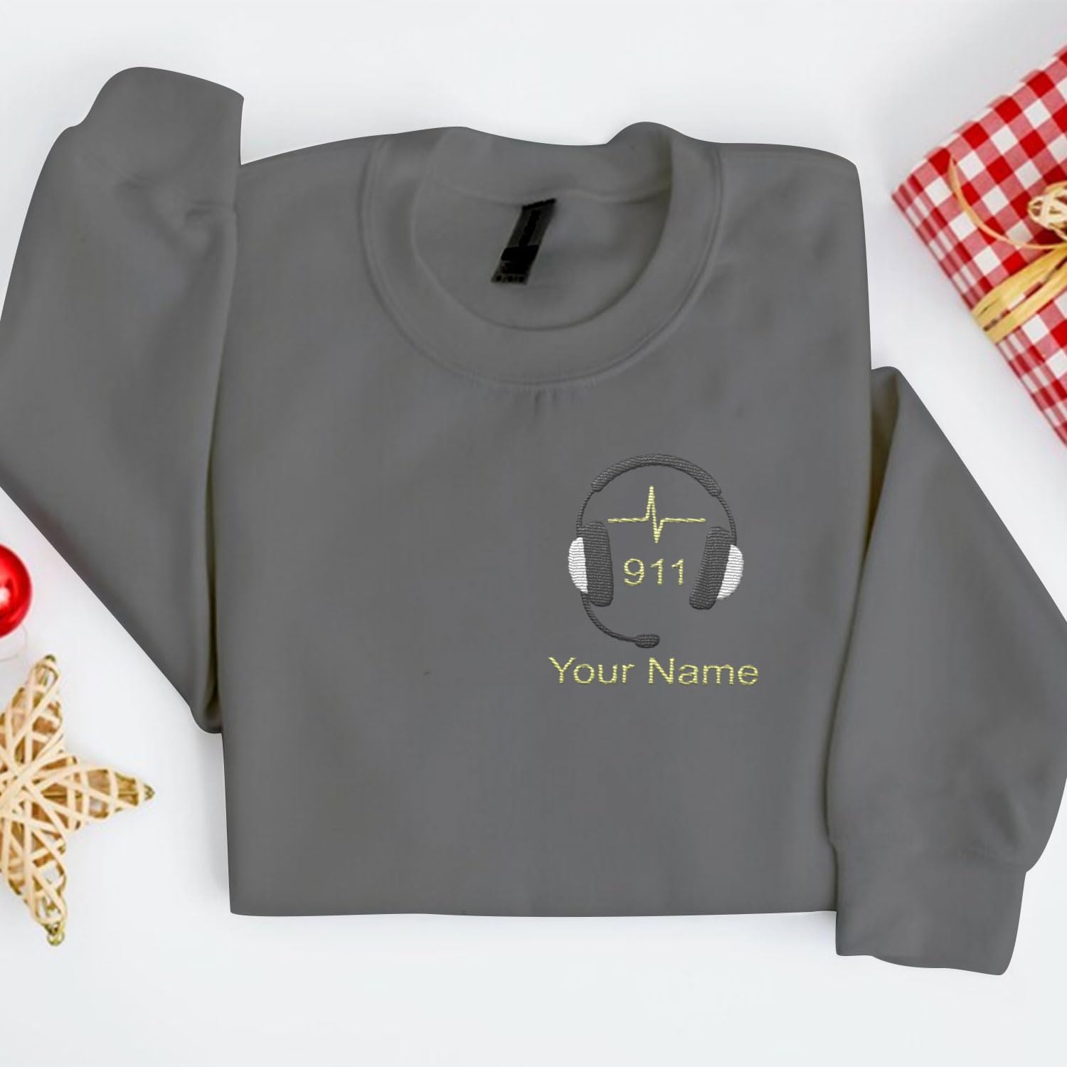 Intenprints Personalized Embroidered Dispatcher Shirt 911 Emergency Services Sweatshirt Thin Gold Line Flag Dispatcher Shirt