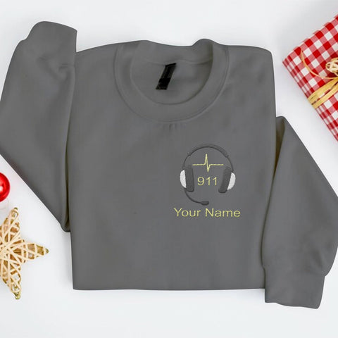 Intenprints Personalized Embroidered Dispatcher Shirt 911 Emergency Services Sweatshirt Thin Gold Line Flag Dispatcher Shirt