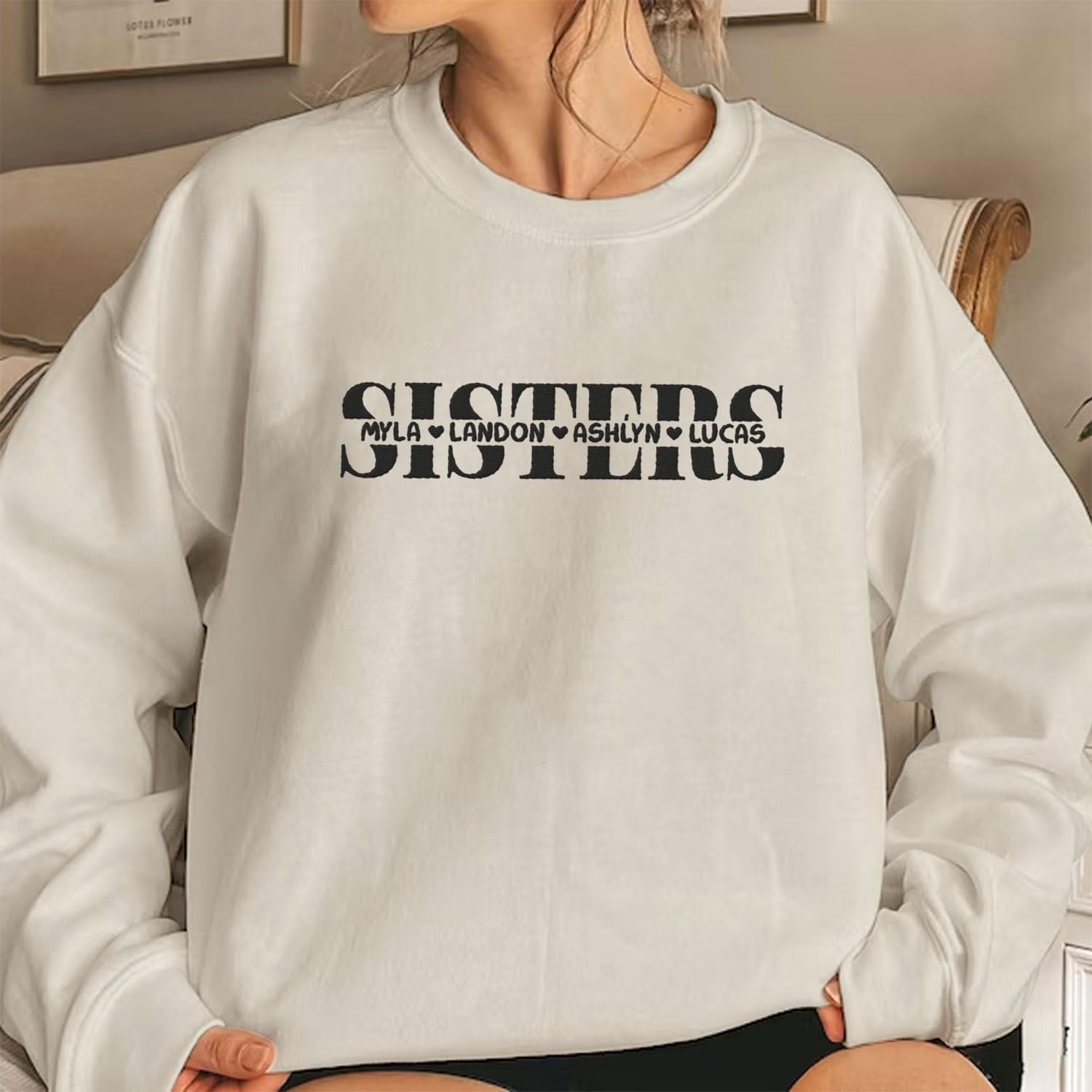 Custom Sisters Embroidered Sweatshirts for Women Family Matching Casual Long Sleeve Pullover BFF Birthday Christmas
