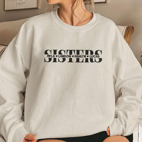 Custom Sisters Embroidered Sweatshirts for Women Family Matching Casual Long Sleeve Pullover BFF Birthday Christmas