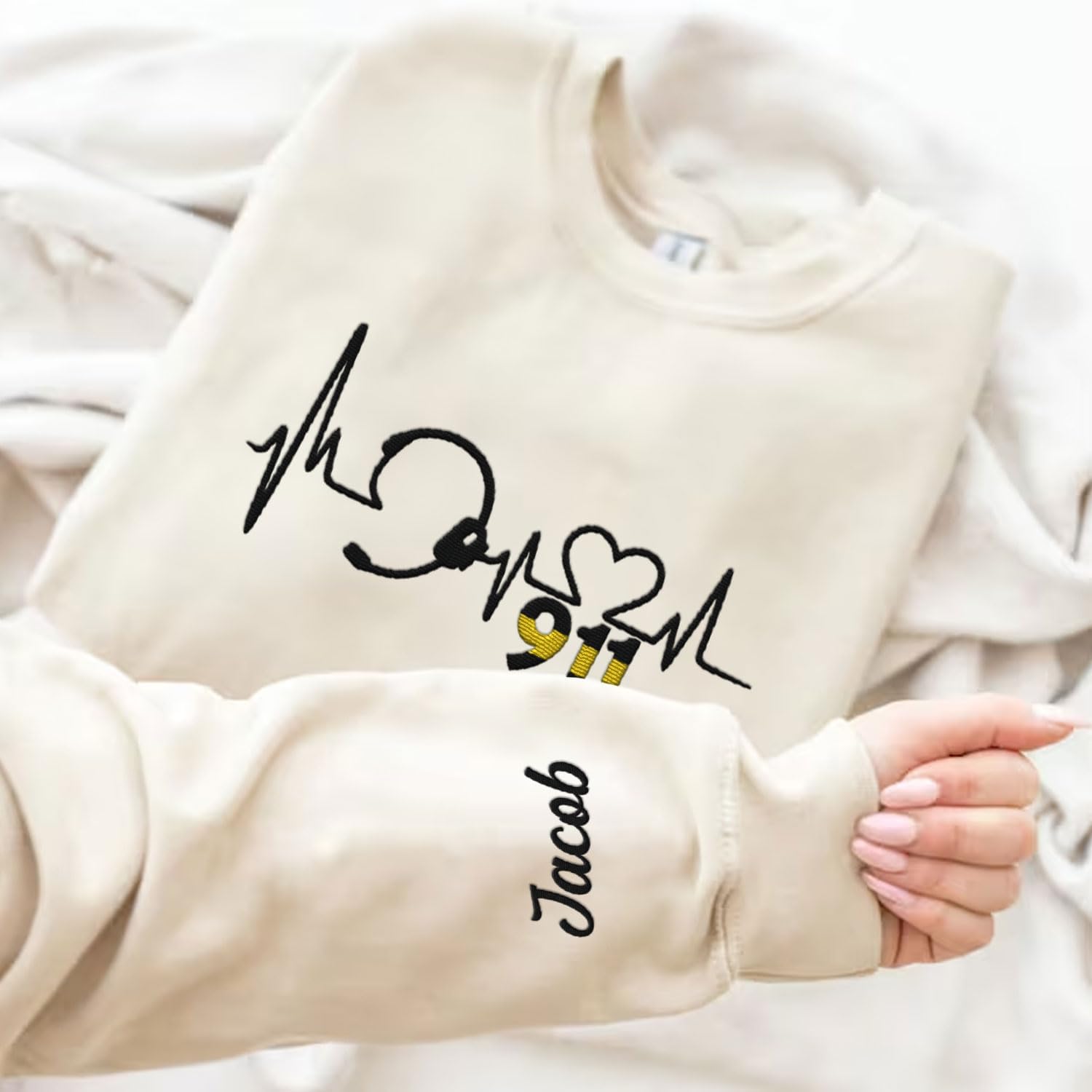 Leeprints Personalized Embroidered Dispatcher 911 Sweatshirt, Pulse Dispatch Embroider Hoodie, Thin Gold Line 911