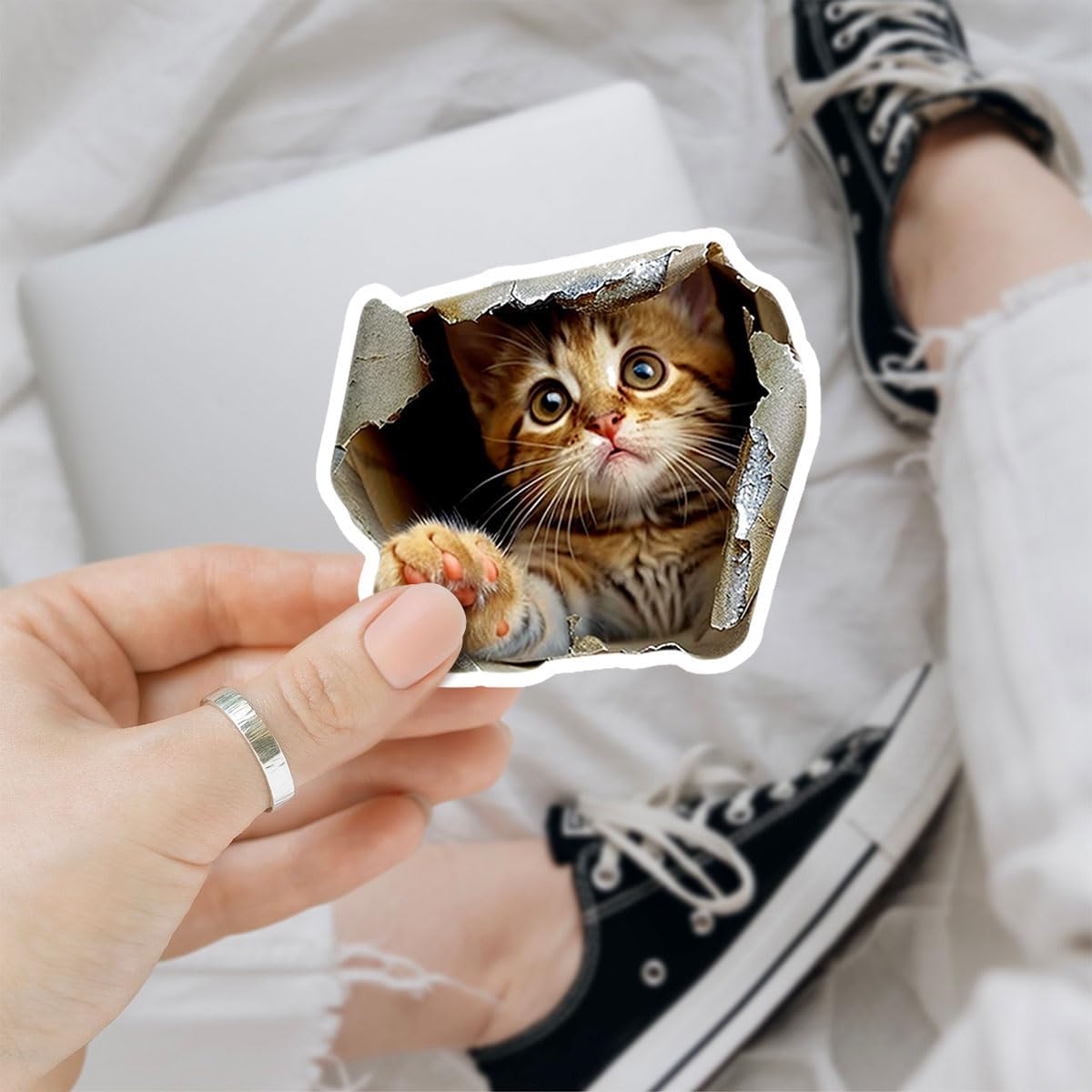 (3pcs) Cat Wall Sticker, Peeking Cat Sticker for Wall, 3D Wall Stickers, Self Adhesive Wall Mural, Tabby Cat Decals - Vinyl Stickers 3 Inches for Laptop Water Bottle Phone Car Window Helmet (Cat 1)