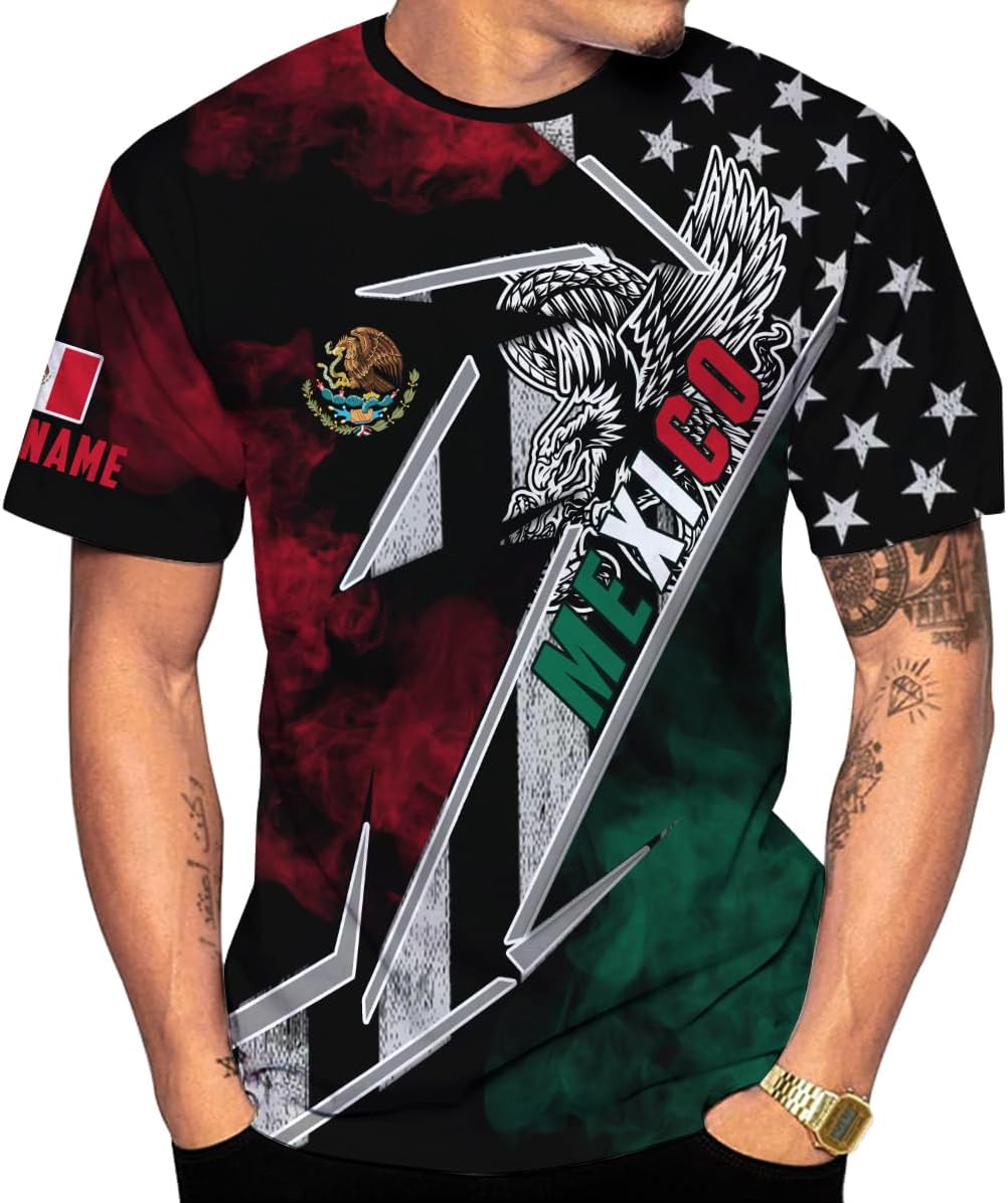 Mostefy Personalized Name Mexican Shirts 3D Customized Mexico Shirt US Flag, Mexican Shirts for Women Unisex