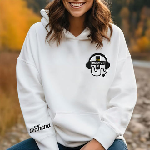 Leeprints Personalized Embroidered Dispatcher 911 Sweatshirt, Pulse Dispatch Embroider Hoodie, Thin Gold Line 911