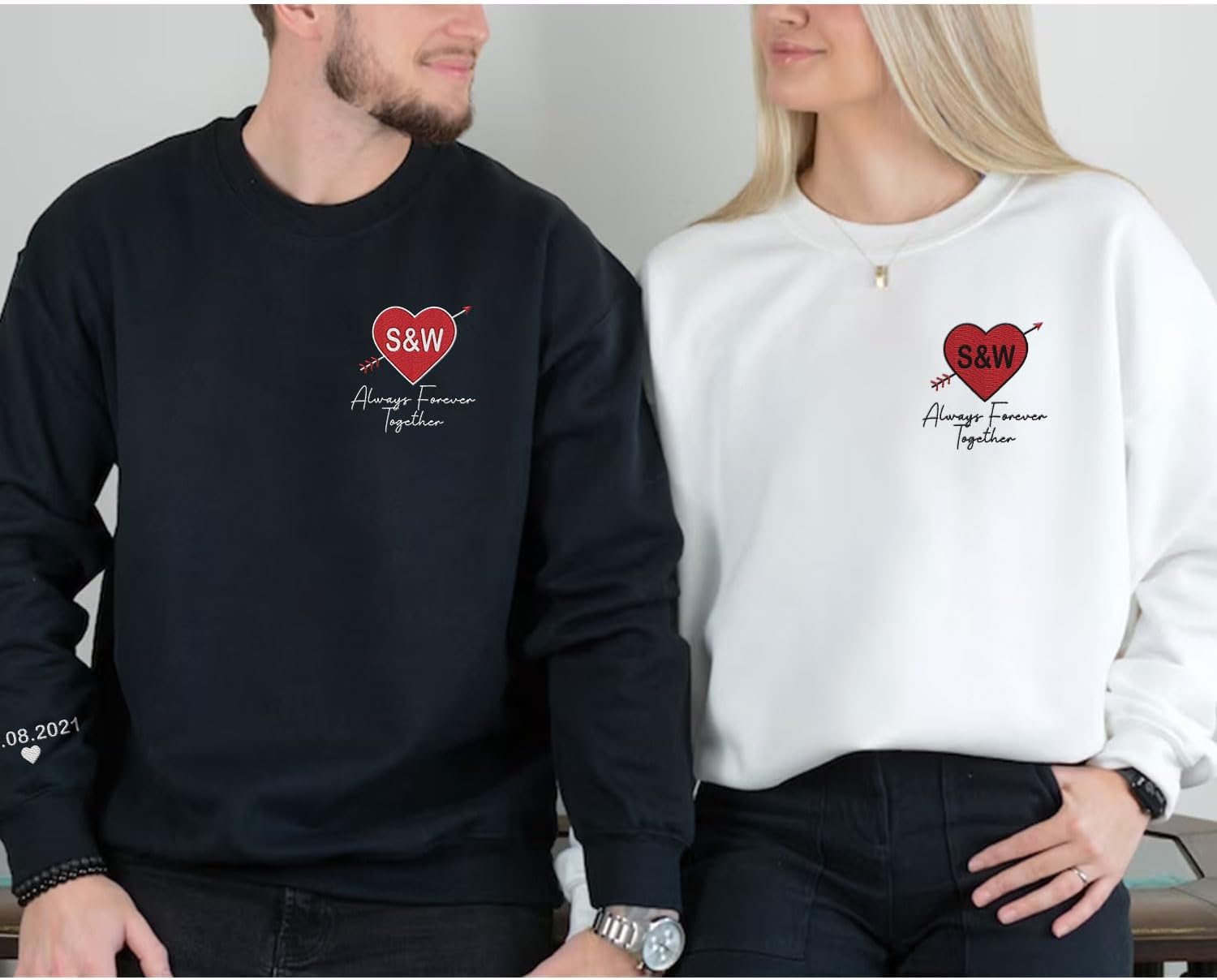 Personalized Embroidered Heart Hoodies For Couples, Matching Couple Sweaters Custom Anniversary Sweatshirts Spider Heart
