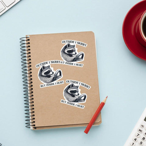 (3 Pcs) Outside I Skrrt But Inside I Hurt Raccoon Driving, Funny Raccoon Gifts Waterproof Vinyl Sticker Decal - Stickers for Laptop Water Bottle Phone Car Window Helmet Vinyl Stickers 3 Inches
