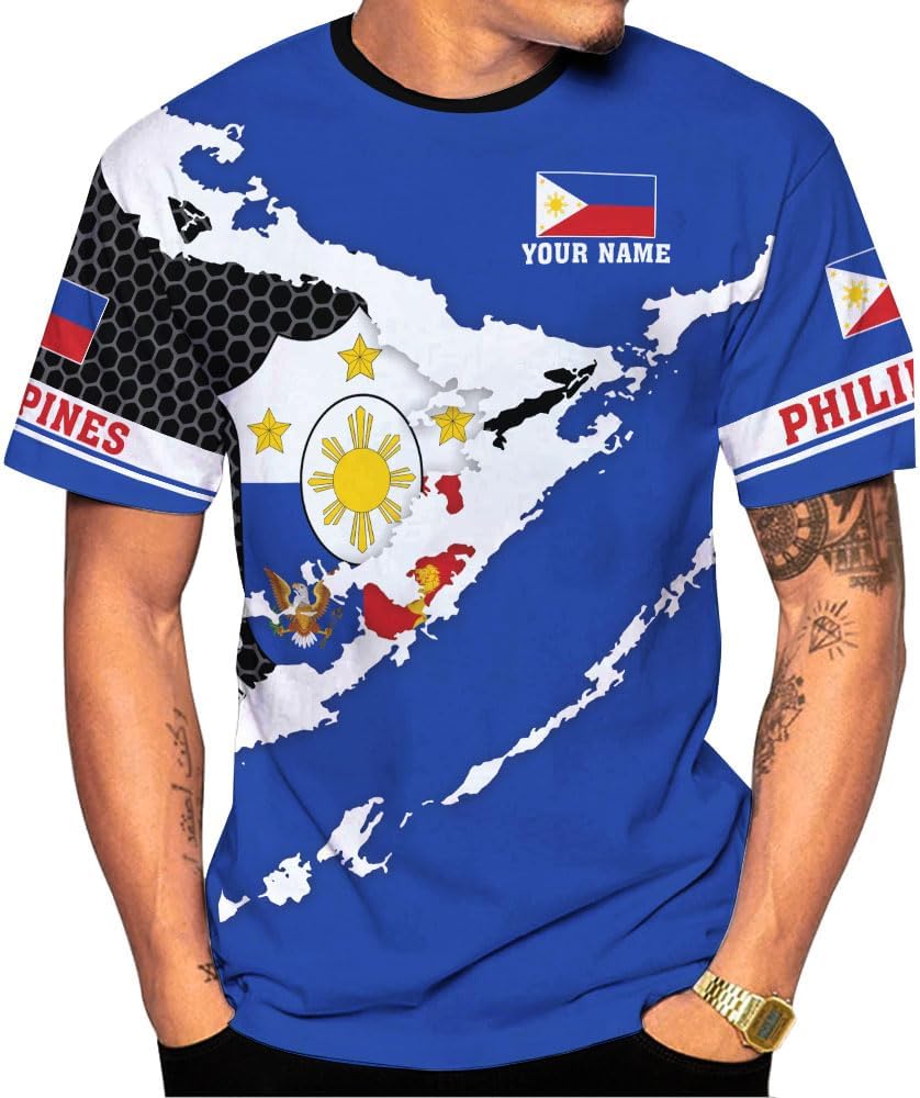 Mostprints Personalized Name Philippines Shirts 3D, Filipino Flag Pride Shirt Philippines Shirt Flag Tshirt for Men Women S-5XL