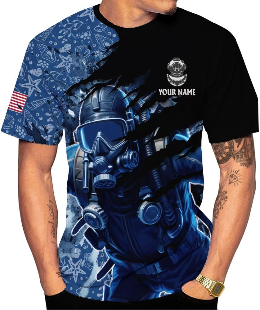 Custom Name Scuba Shirt, Scuba Shirts Mens American Flag Scuba Diving Scuba Shirt Scuba Diver Snorkeling T-Shirt Scuba Gifts (Polyester, SD10)