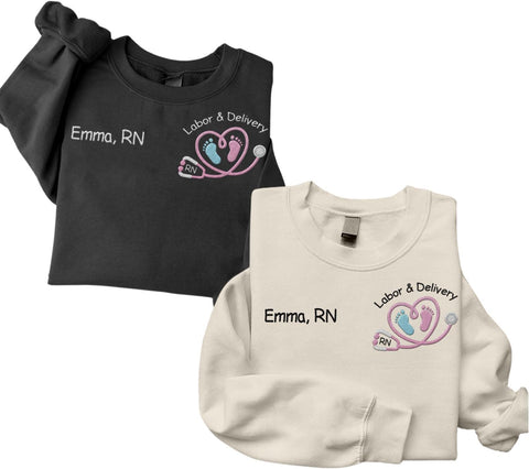 Suseaz Personalized Labor and Delivery Nurse Embroidered Sweatshirt, LD Sweatshirt Hoodie, L&D Sweater for Women