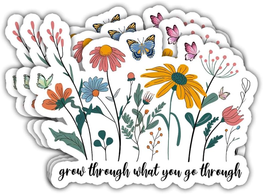 3Pcs Grow Through What You Go Through Motivational Sticker Floral Sarcastic Inspirational Waterproof Decal Grow Through What You Go Through Stickers for Laptop Bottle Phone Car Hard Hat Helmet 3"