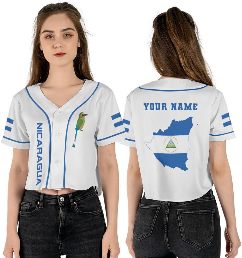 Personalized Nicaragua Baseball Croptop Shirt, Nicaraguan Flag Jersey for Women Jersey Pride