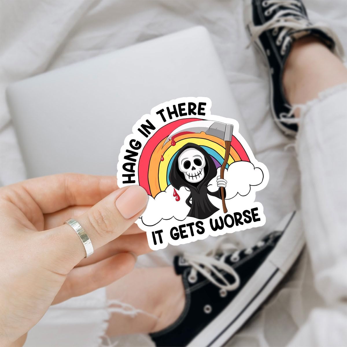 3 Pcs Hang in There It Gets Worse Sticker, Cute Grim Reaper Creepy Cute Mental Health Sarcastic Joke Rainbow Hang in There It Gets Worse Stickers for Laptop Bottle Phone Car Helmet 3"x3"