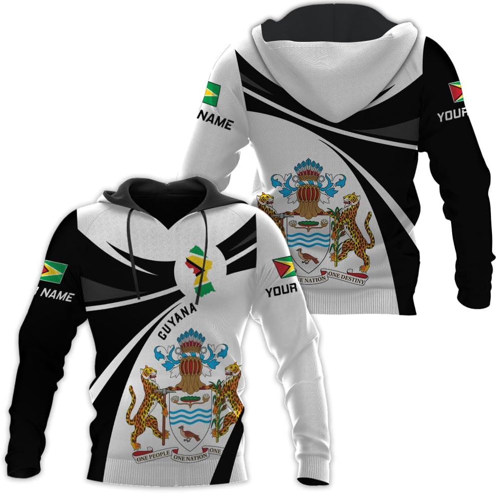 Leprints Personalized Guyana Hoodie 3D Guyanese Coat of Arms Flag Guyana 3D Sweatshirt Guyana Guyanese Pride Gift Zip Hoodie